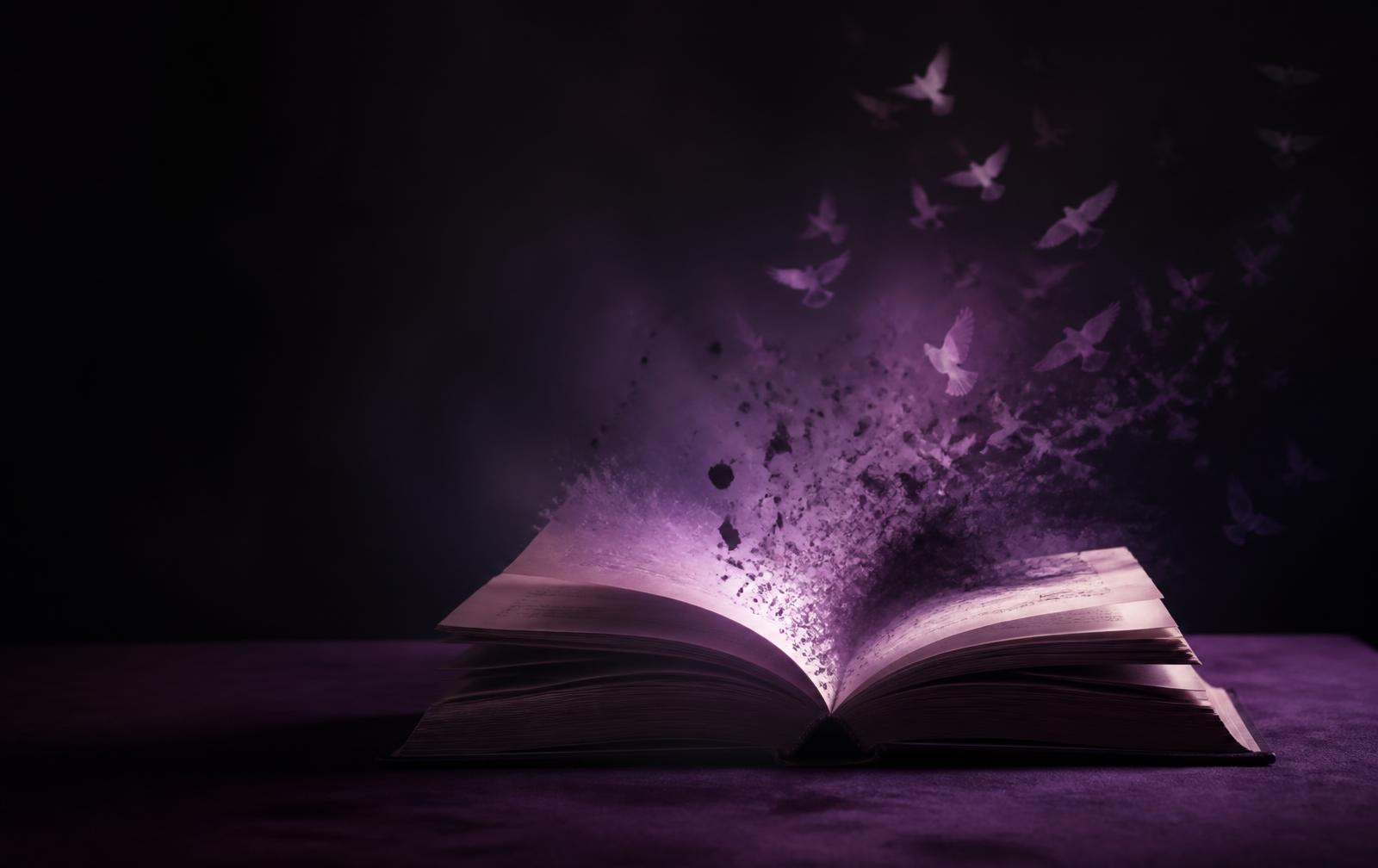 An open book with light and birds rising from its pages